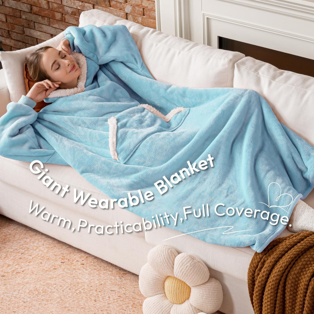 Wearable Blanket Hoodie for Women/Kids/Men, Oversized & Cozy Sherpa Lined Hoodie Sweatshirt Blanket(Baby Blue,Oversized)