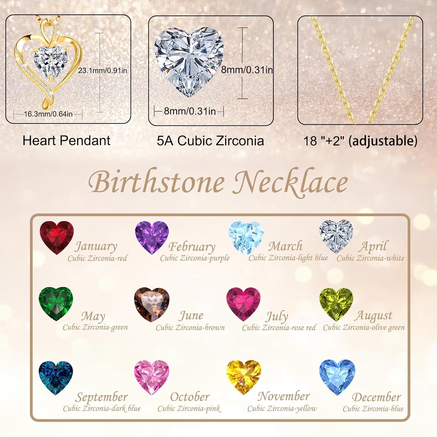 Heart Birthstone Necklace for Women Fine Jewelry 925 Sterling Silver Heart Necklace Dainty Pendant Anniversary Birthday Christmas Gifts for Her Girlfriend Wife Mom Lady Daughter Chain 18"+2"