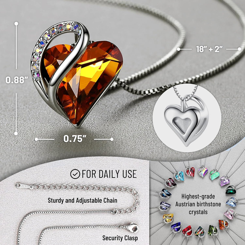 Mothers Day Gift Necklaces for Women, Infinity Love Birthstone Heart Crystal Pendant, Birthday Anniversary Jewelry for Wife, Mom, and Her, Silver Plated, 18" + 2" Adjustable Chain
