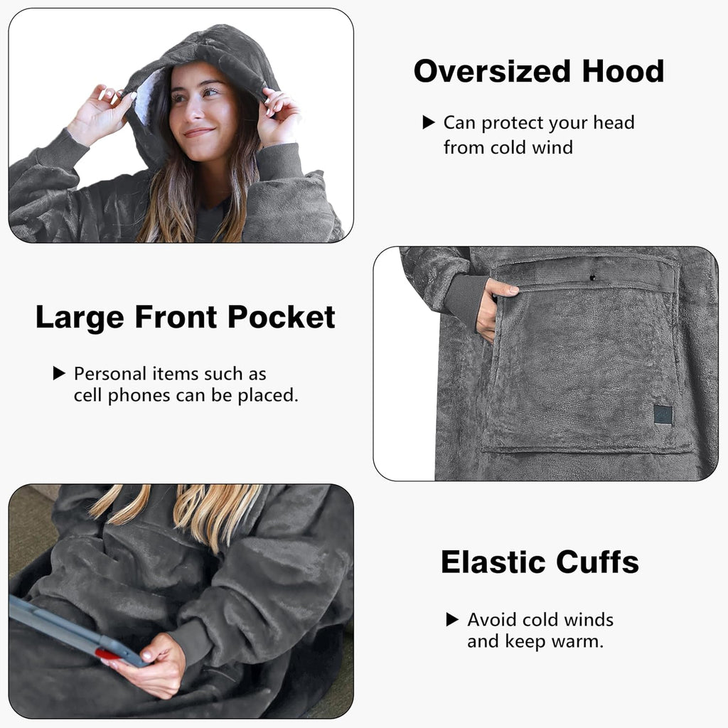 Extra Long Oversized Hoodie Blanket Sweatshirt Comfortable Sherpa Giant Wearable Blankets Christmas Gifts for Adults Men Women Teenagers Wife Girlfriend Grey