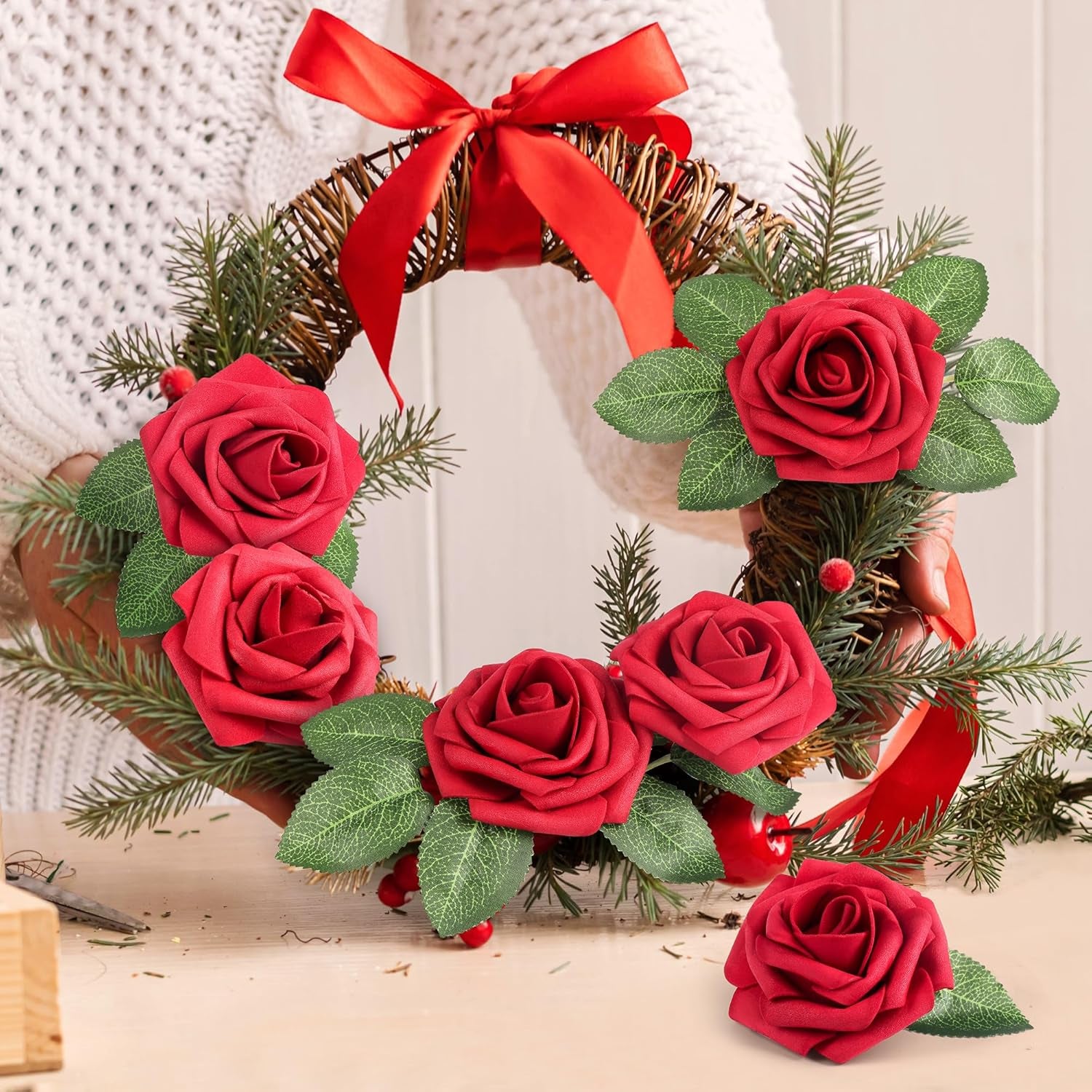 50 Pcs Artificial Flowers Red Roses Bulk, Real Looking Fake Foam Roses with Stems DIY Wedding Bouquet Floral Arrangement Bridal Shower Centerpieces Mother'S Day Party Home Table Decorations