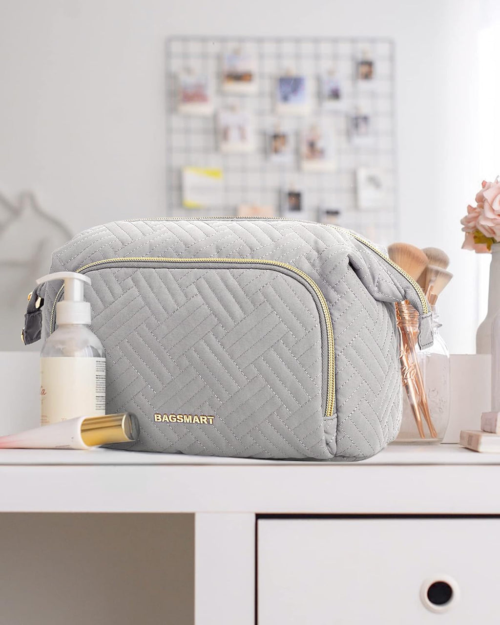 Travel Makeup Bag, Cosmetic Bag Make up Organizer Case,Large Wide-Open Pouch for Women Purse for Toiletries Accessories Brushes Grey