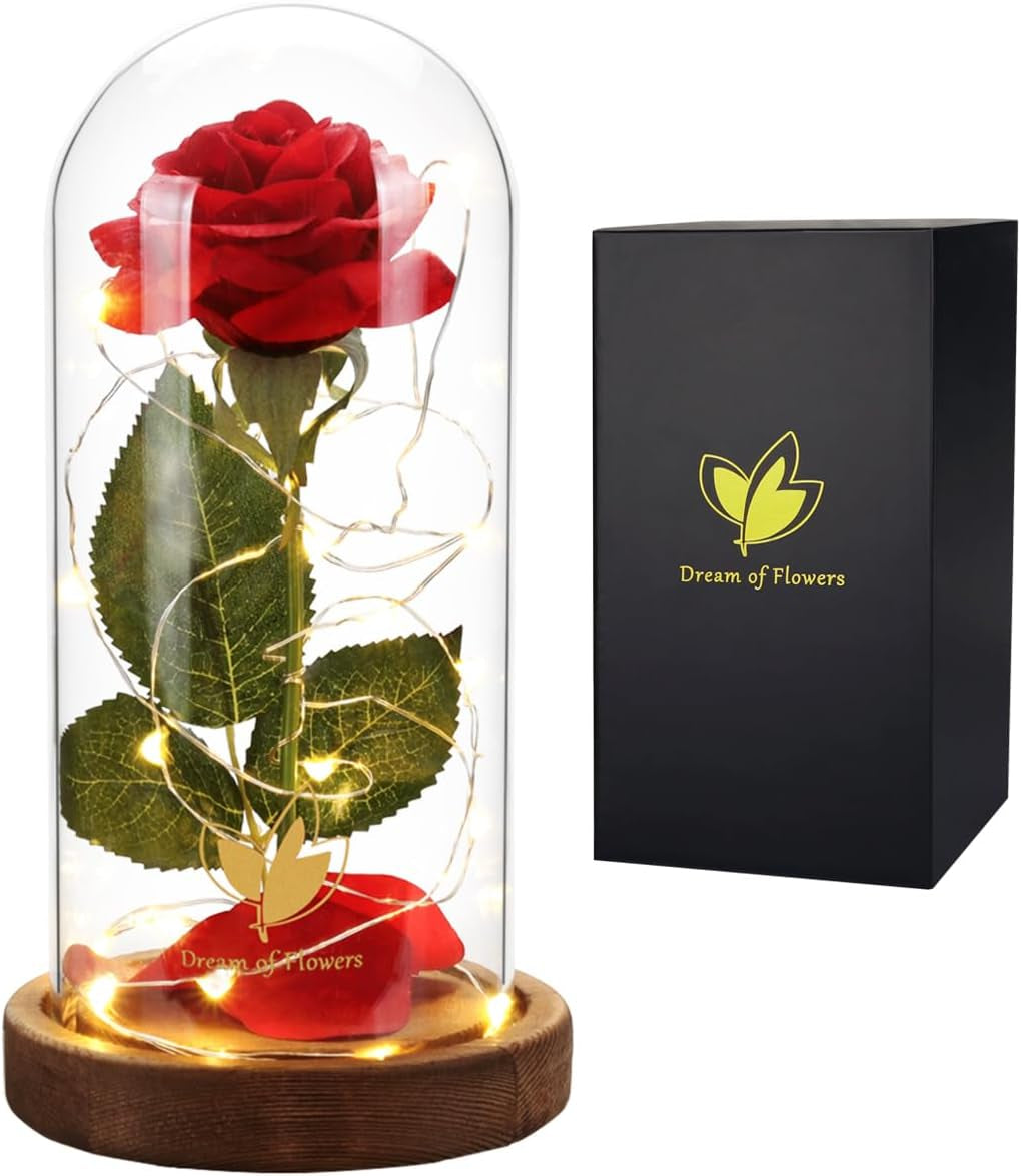 Mothers Day Flowers Roses Gifts for Mom Beauty and the Beast Rose,Red Rose in Glass Dome with 2 Lights Modes, Valentines Flower Gifts for Women Mom Wife Girlfriend on Valentines Anniversary,Birthday