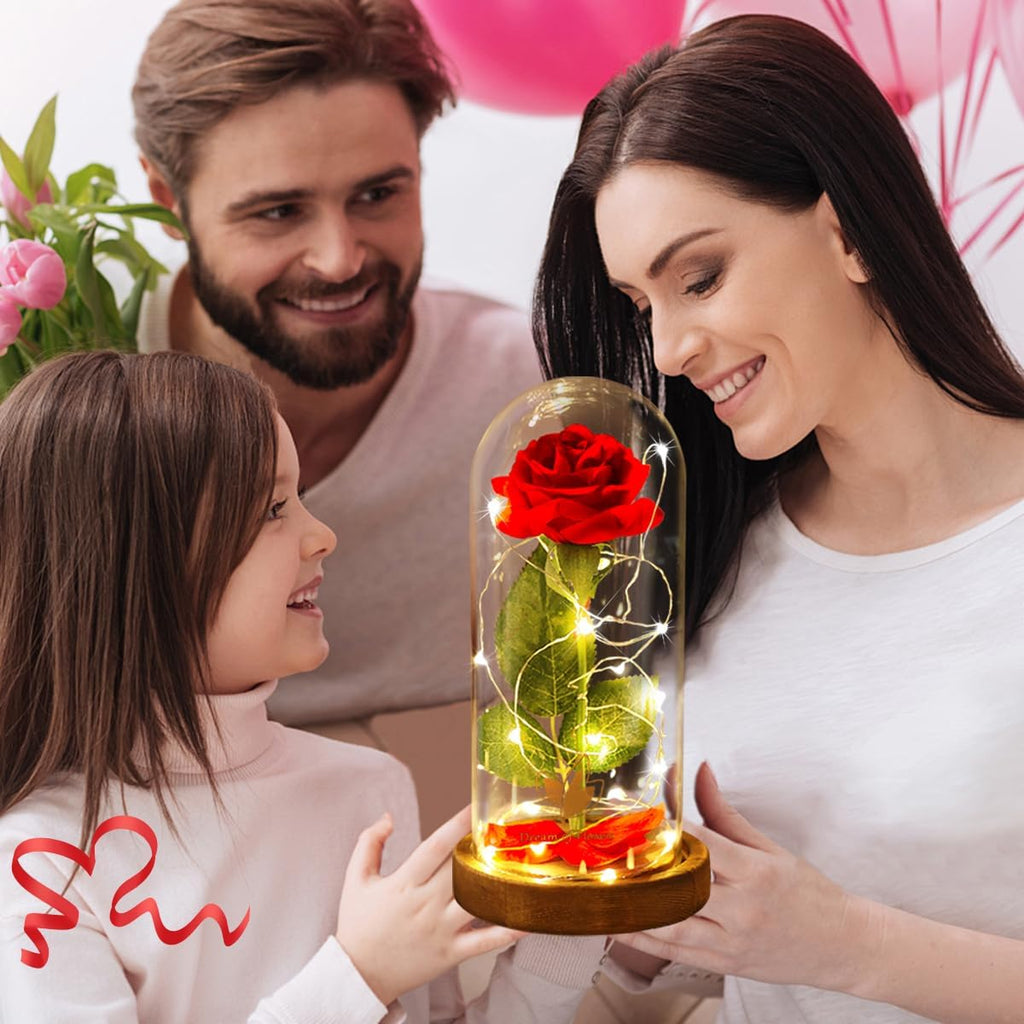 Mothers Day Flowers Roses Gifts for Mom Beauty and the Beast Rose,Red Rose in Glass Dome with 2 Lights Modes, Valentines Flower Gifts for Women Mom Wife Girlfriend on Valentines Anniversary,Birthday
