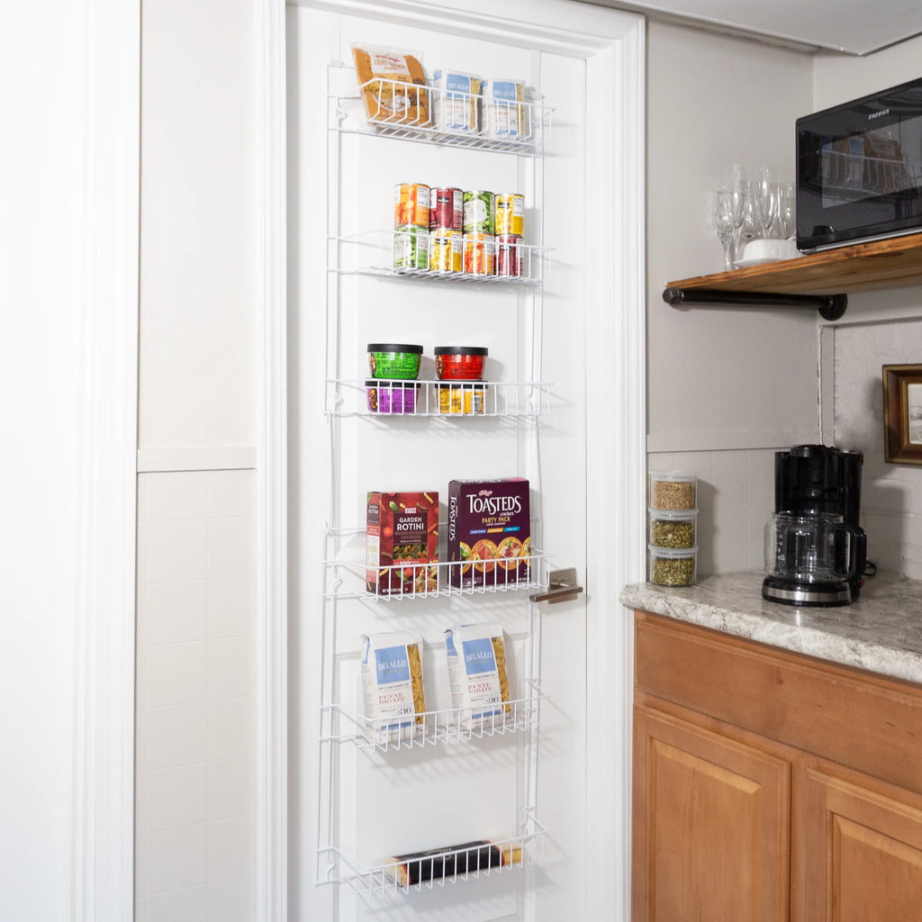6-Tier Adjustable over the Door Pantry Organizer - Powder-Coated Steel Hanging Pantry Shelves and Rack for Kitchen Organization (White)