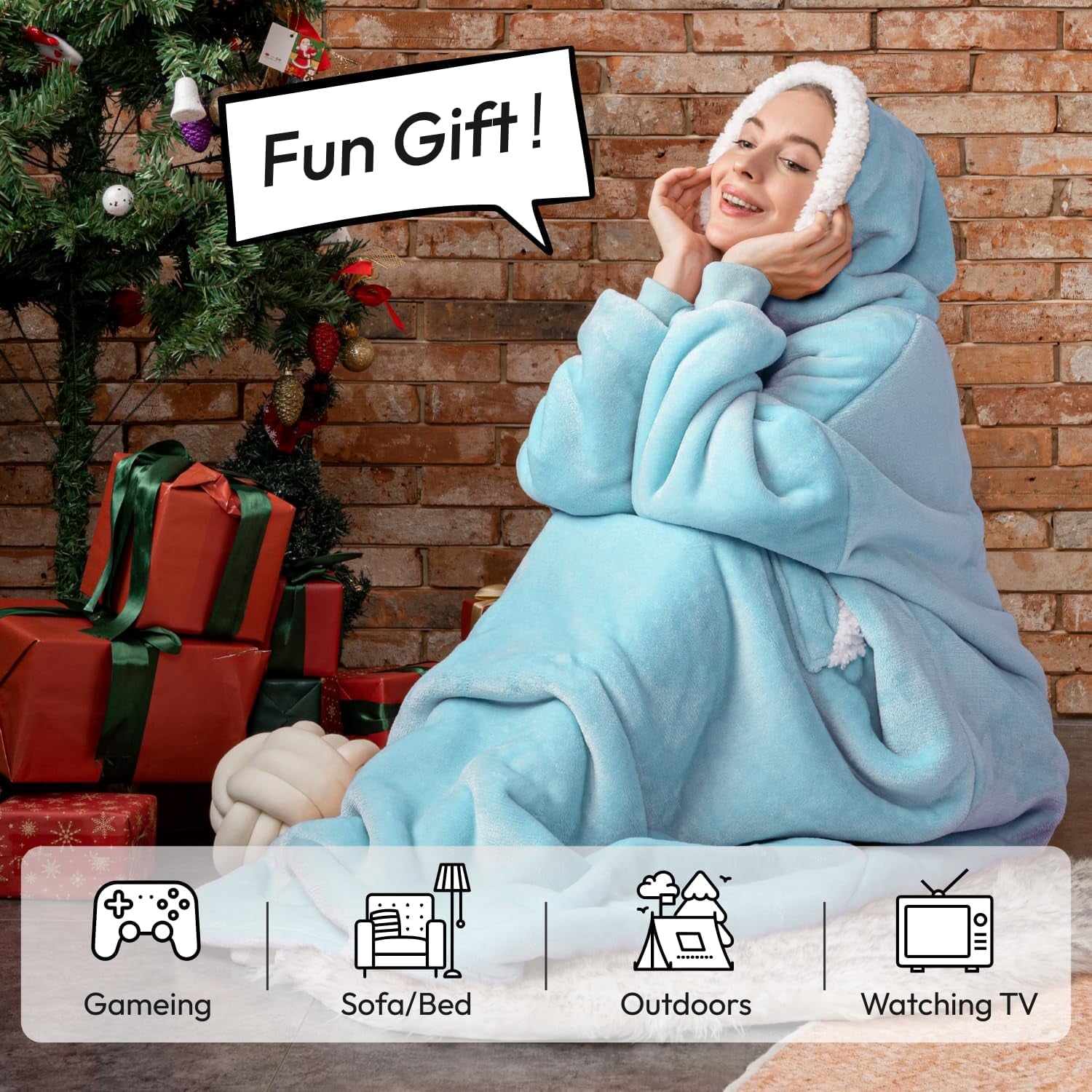 Wearable Blanket Hoodie for Women/Kids/Men, Oversized & Cozy Sherpa Lined Hoodie Sweatshirt Blanket(Baby Blue,Oversized)
