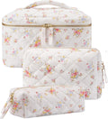 Floral Quilted Makeup Bag Set of 3 Piece, Cute Travel Makeup Bags Coquette White Flower Cosmetic Pouch, Aesthetic Cotton Quilt Cloth Toiletry Traveling Bag for Women, Girls