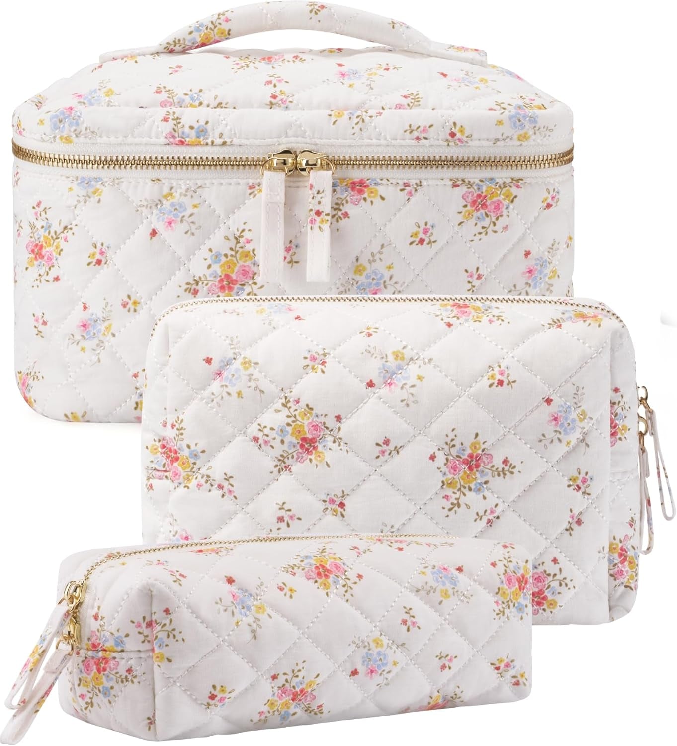 Floral Quilted Makeup Bag Set of 3 Piece, Cute Travel Makeup Bags Coquette White Flower Cosmetic Pouch, Aesthetic Cotton Quilt Cloth Toiletry Traveling Bag for Women, Girls