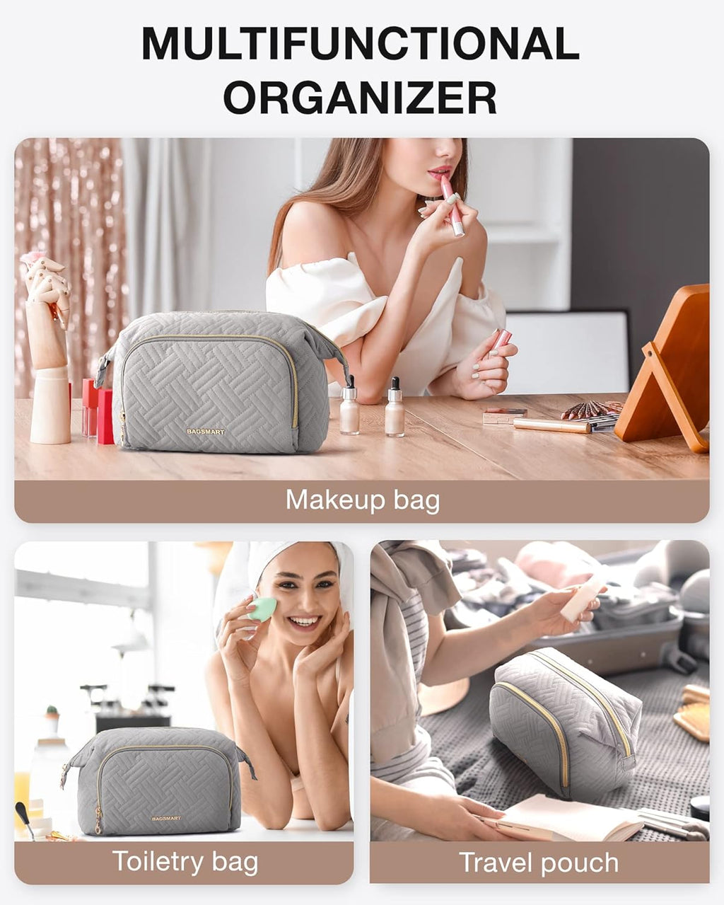 Travel Makeup Bag, Cosmetic Bag Make up Organizer Case,Large Wide-Open Pouch for Women Purse for Toiletries Accessories Brushes Grey