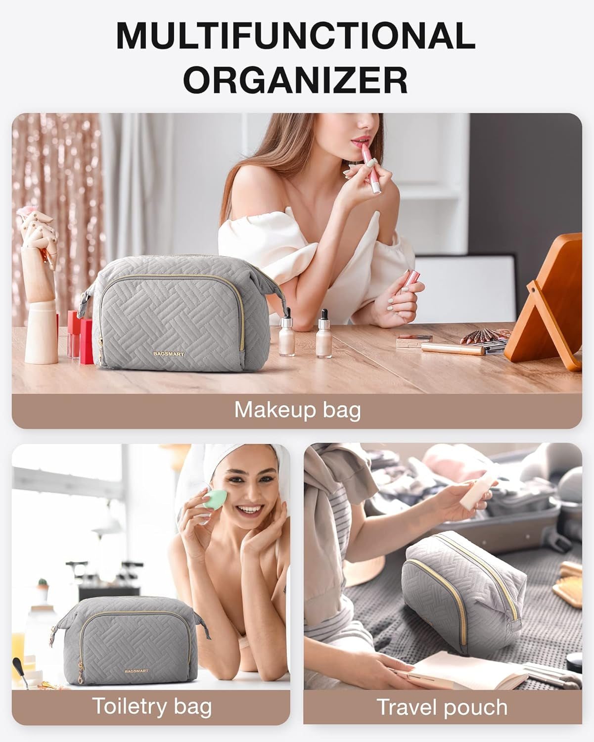 Travel Makeup Bag, Cosmetic Bag Make up Organizer Case,Large Wide-Open Pouch for Women Purse for Toiletries Accessories Brushes Grey