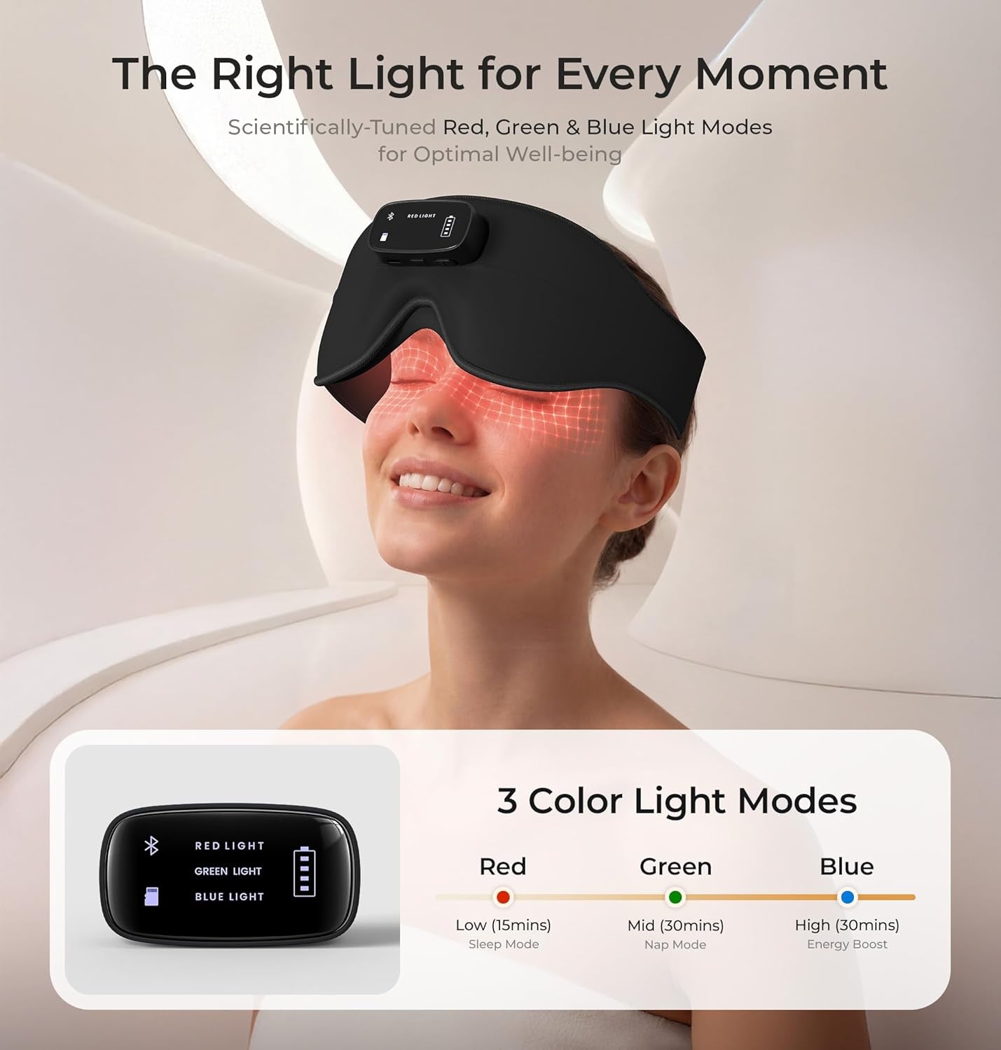 Pro Bluetooth Sleep Mask with White Noise & 3 Lights, Sleep Headphones with Upgrade Chip & Pure Sound, 3D Zero-Pressure Design for Side Sleepers, Total Blackout Soft Sleep Eye Mask, Black