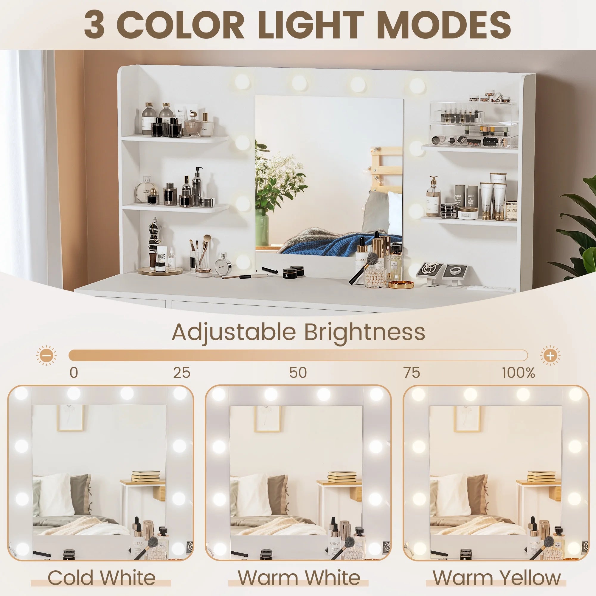Makeup Vanity Desk with Mirror, Lights & Power Outlet Vanity Table with 7 Drawers and 6 Storage Shelves for Bedroom, White