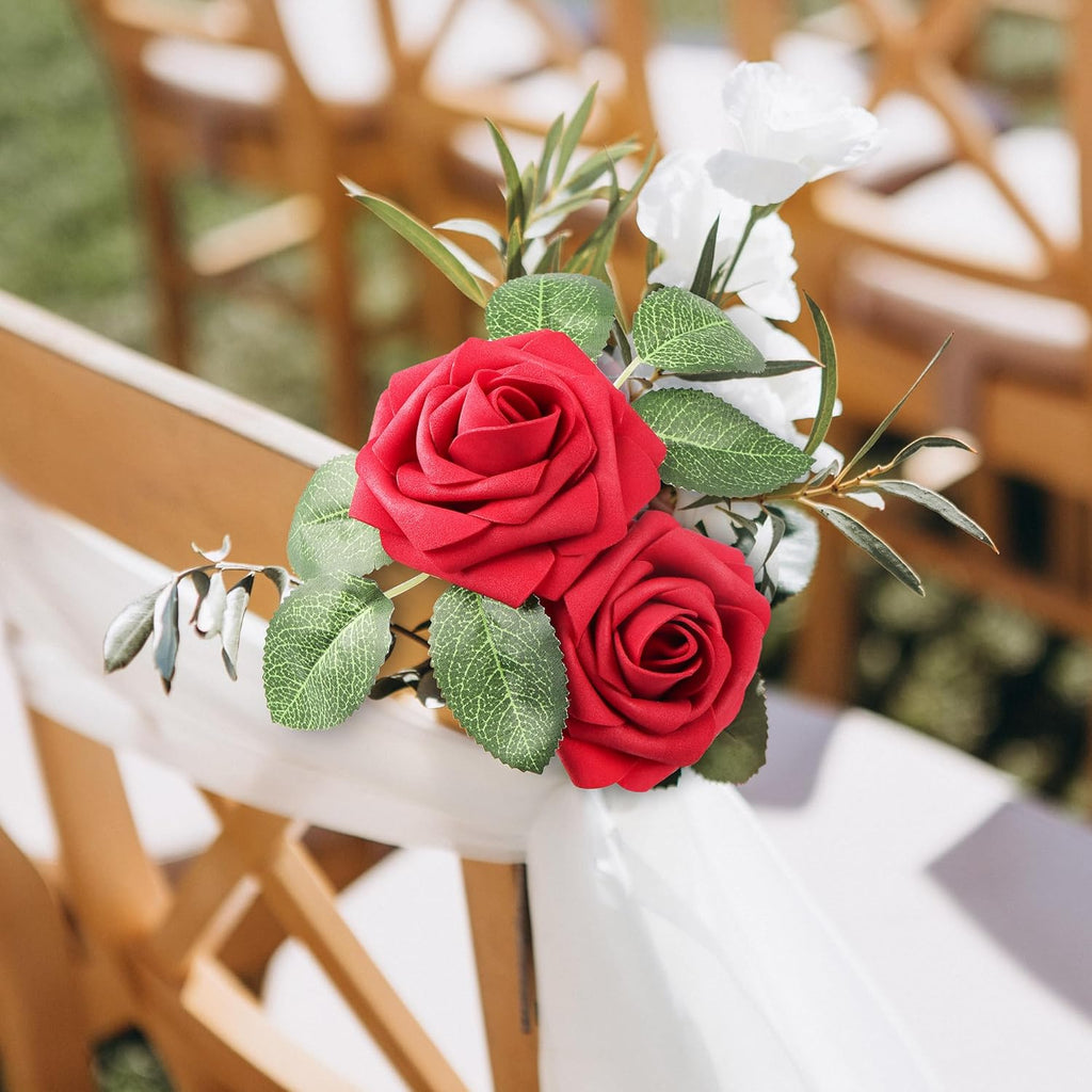50 Pcs Artificial Flowers Red Roses Bulk, Real Looking Fake Foam Roses with Stems DIY Wedding Bouquet Floral Arrangement Bridal Shower Centerpieces Mother'S Day Party Home Table Decorations