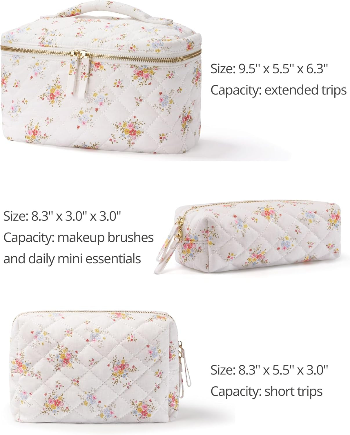 Floral Quilted Makeup Bag Set of 3 Piece, Cute Travel Makeup Bags Coquette White Flower Cosmetic Pouch, Aesthetic Cotton Quilt Cloth Toiletry Traveling Bag for Women, Girls