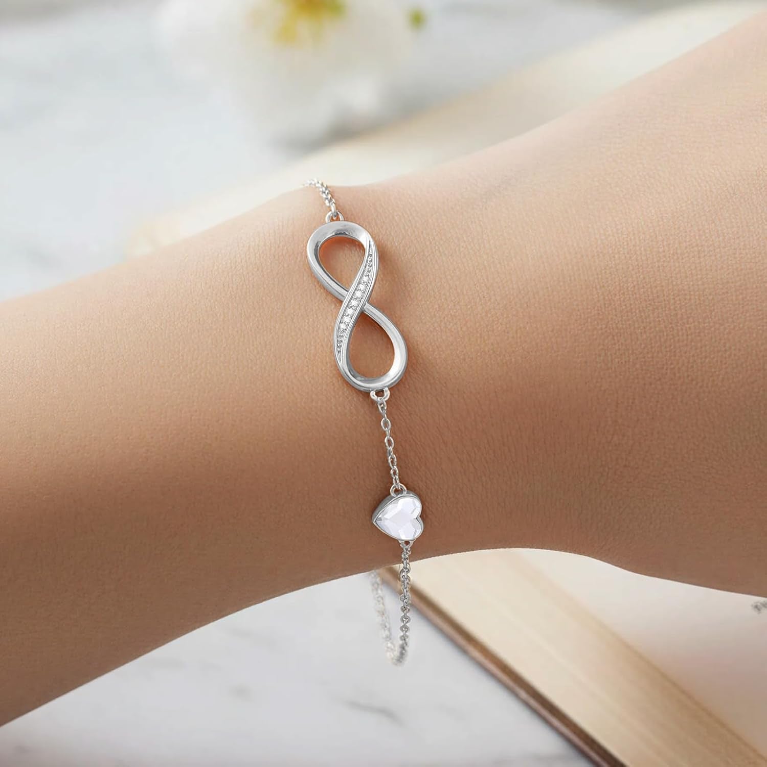 Mothers Day Gifts Infinity Heart Birthstone Charm Link Bracelet for Women 925 Sterling Silver Adjustable Mother'S Day Valentine'S Day Christmas Day Gift Anniversary Birthday Jewelry for Wife Girlfriend Her