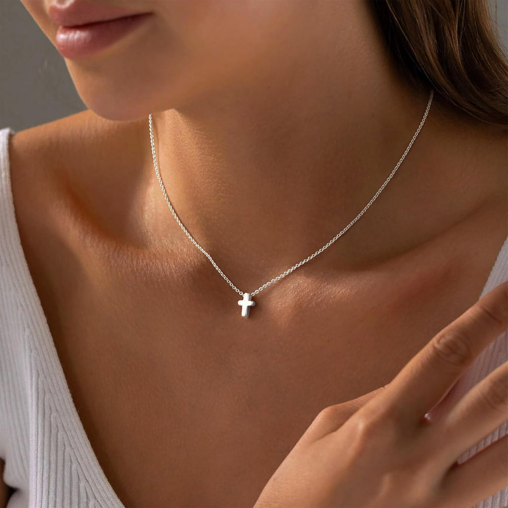 Communion Gifts for Girls, Dainty 14K Gold Plated Cross Pendant Necklace Sideways Cross Choker Layered Cross Necklace for Women Girls