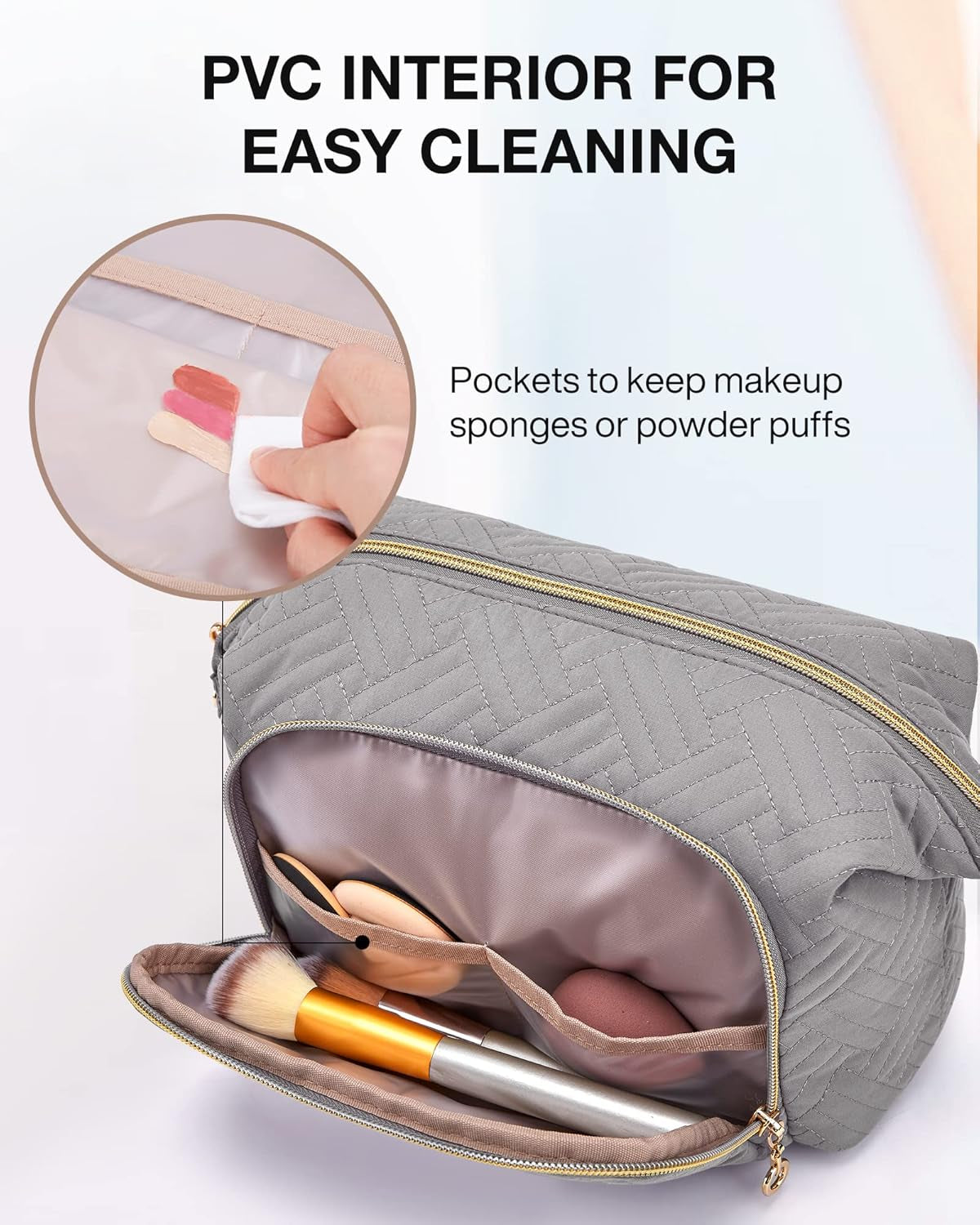 Travel Makeup Bag, Cosmetic Bag Make up Organizer Case,Large Wide-Open Pouch for Women Purse for Toiletries Accessories Brushes Grey