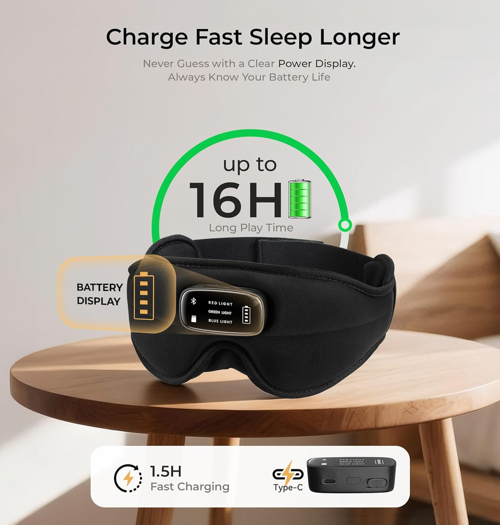 Pro Bluetooth Sleep Mask with White Noise & 3 Lights, Sleep Headphones with Upgrade Chip & Pure Sound, 3D Zero-Pressure Design for Side Sleepers, Total Blackout Soft Sleep Eye Mask, Black