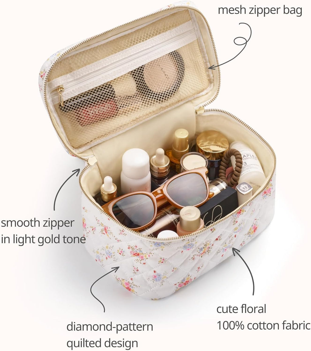 Floral Quilted Makeup Bag Set of 3 Piece, Cute Travel Makeup Bags Coquette White Flower Cosmetic Pouch, Aesthetic Cotton Quilt Cloth Toiletry Traveling Bag for Women, Girls