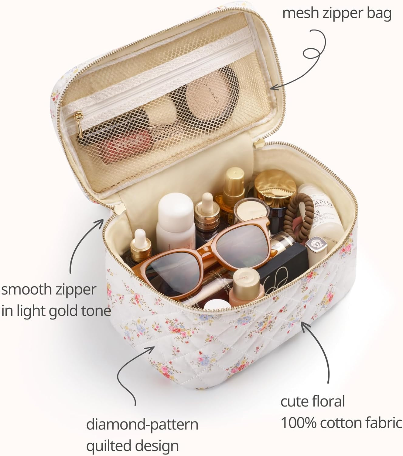 Floral Quilted Makeup Bag Set of 3 Piece, Cute Travel Makeup Bags Coquette White Flower Cosmetic Pouch, Aesthetic Cotton Quilt Cloth Toiletry Traveling Bag for Women, Girls