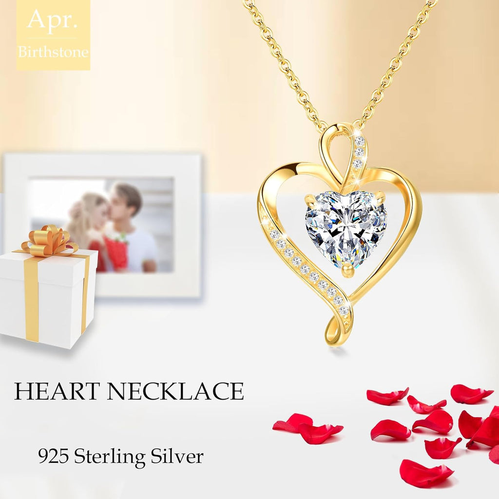Heart Birthstone Necklace for Women Fine Jewelry 925 Sterling Silver Heart Necklace Dainty Pendant Anniversary Birthday Christmas Gifts for Her Girlfriend Wife Mom Lady Daughter Chain 18"+2"