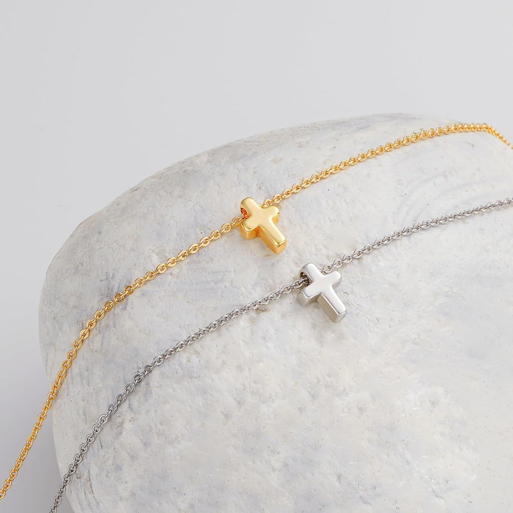 Communion Gifts for Girls, Dainty 14K Gold Plated Cross Pendant Necklace Sideways Cross Choker Layered Cross Necklace for Women Girls