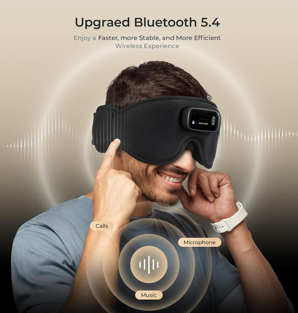 Pro Bluetooth Sleep Mask with White Noise & 3 Lights, Sleep Headphones with Upgrade Chip & Pure Sound, 3D Zero-Pressure Design for Side Sleepers, Total Blackout Soft Sleep Eye Mask, Black