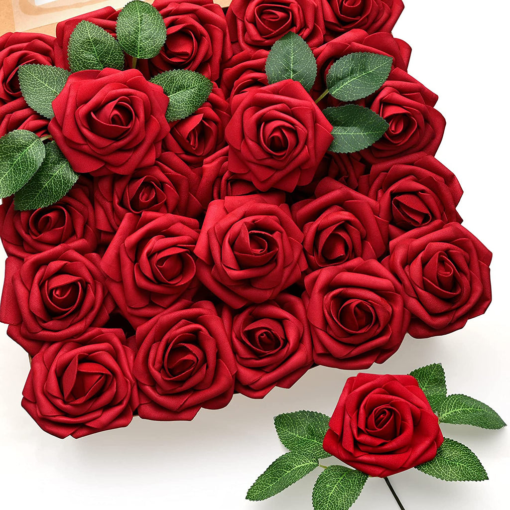 50 Pcs Artificial Flowers Red Roses Bulk, Real Looking Fake Foam Roses with Stems DIY Wedding Bouquet Floral Arrangement Bridal Shower Centerpieces Mother'S Day Party Home Table Decorations