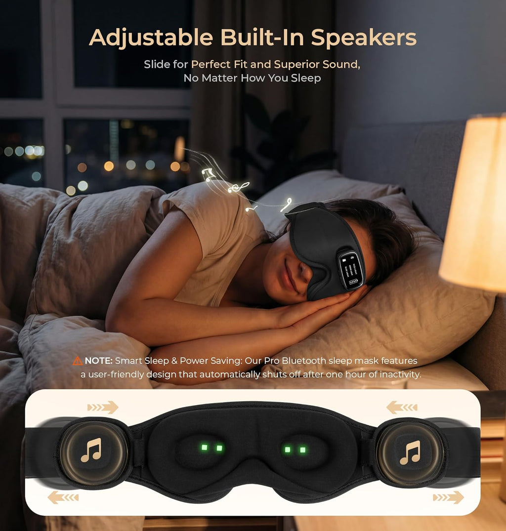 Pro Bluetooth Sleep Mask with White Noise & 3 Lights, Sleep Headphones with Upgrade Chip & Pure Sound, 3D Zero-Pressure Design for Side Sleepers, Total Blackout Soft Sleep Eye Mask, Black
