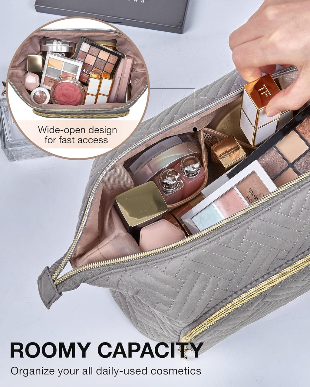 Travel Makeup Bag, Cosmetic Bag Make up Organizer Case,Large Wide-Open Pouch for Women Purse for Toiletries Accessories Brushes Grey