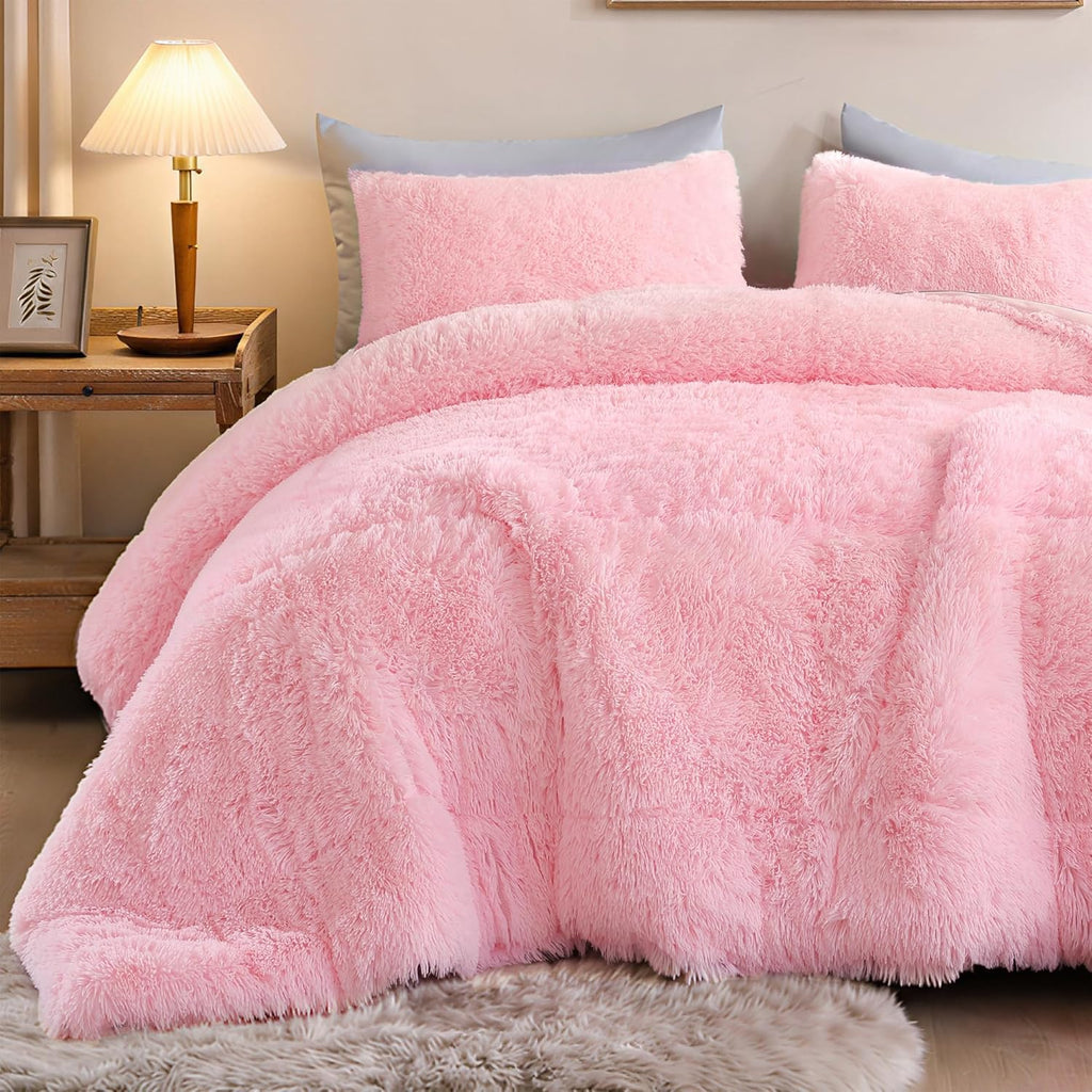 Fluffy Queen Comforter Set, Faux Fur Pink Comforter Set Queen Size, Luxury Fuzzy Bedding Set, Soft Shaggy Bed Set Pink for All Season, 3 Pieces - 1 Comforter & 2 Pillowcases