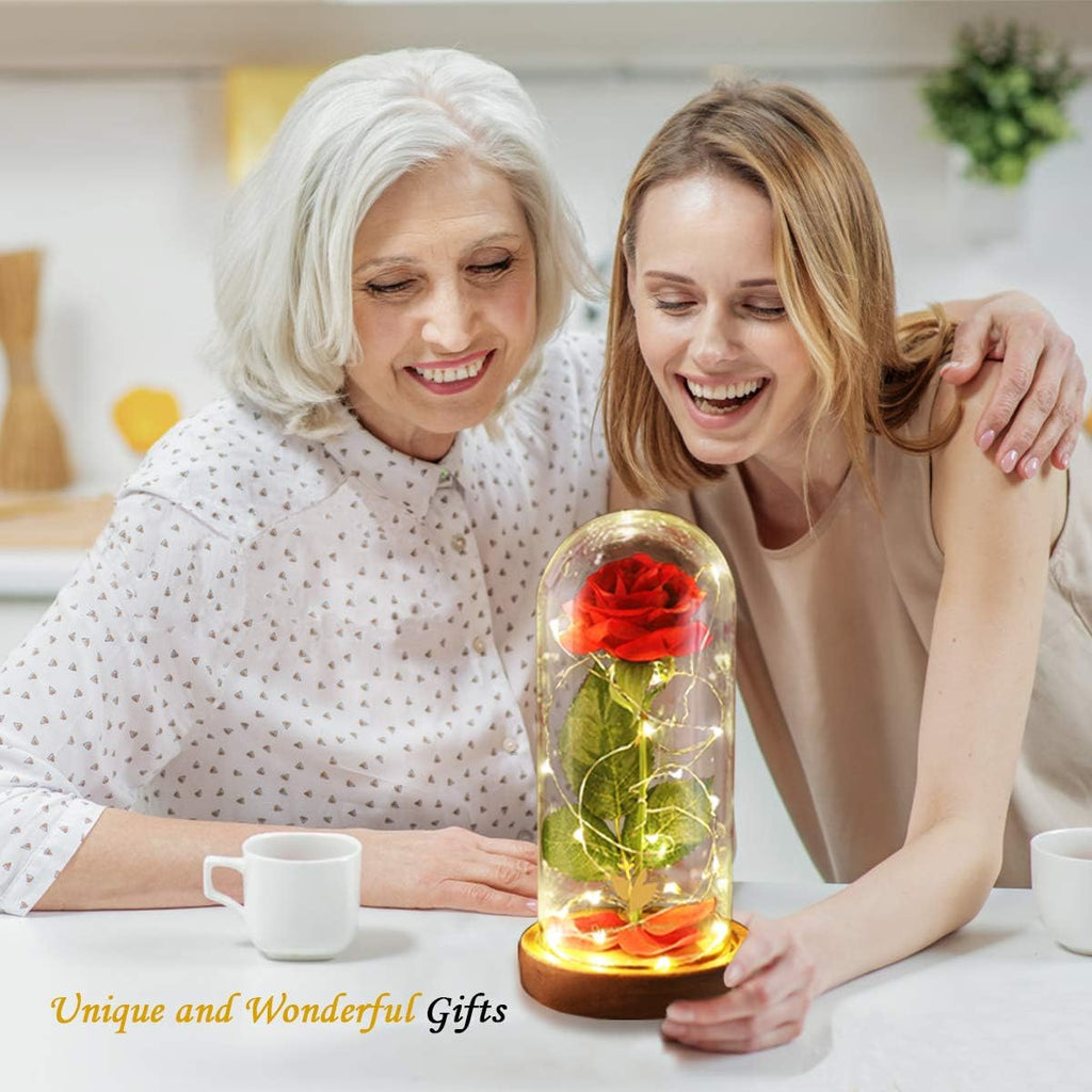 Mothers Day Flowers Roses Gifts for Mom Beauty and the Beast Rose,Red Rose in Glass Dome with 2 Lights Modes, Valentines Flower Gifts for Women Mom Wife Girlfriend on Valentines Anniversary,Birthday