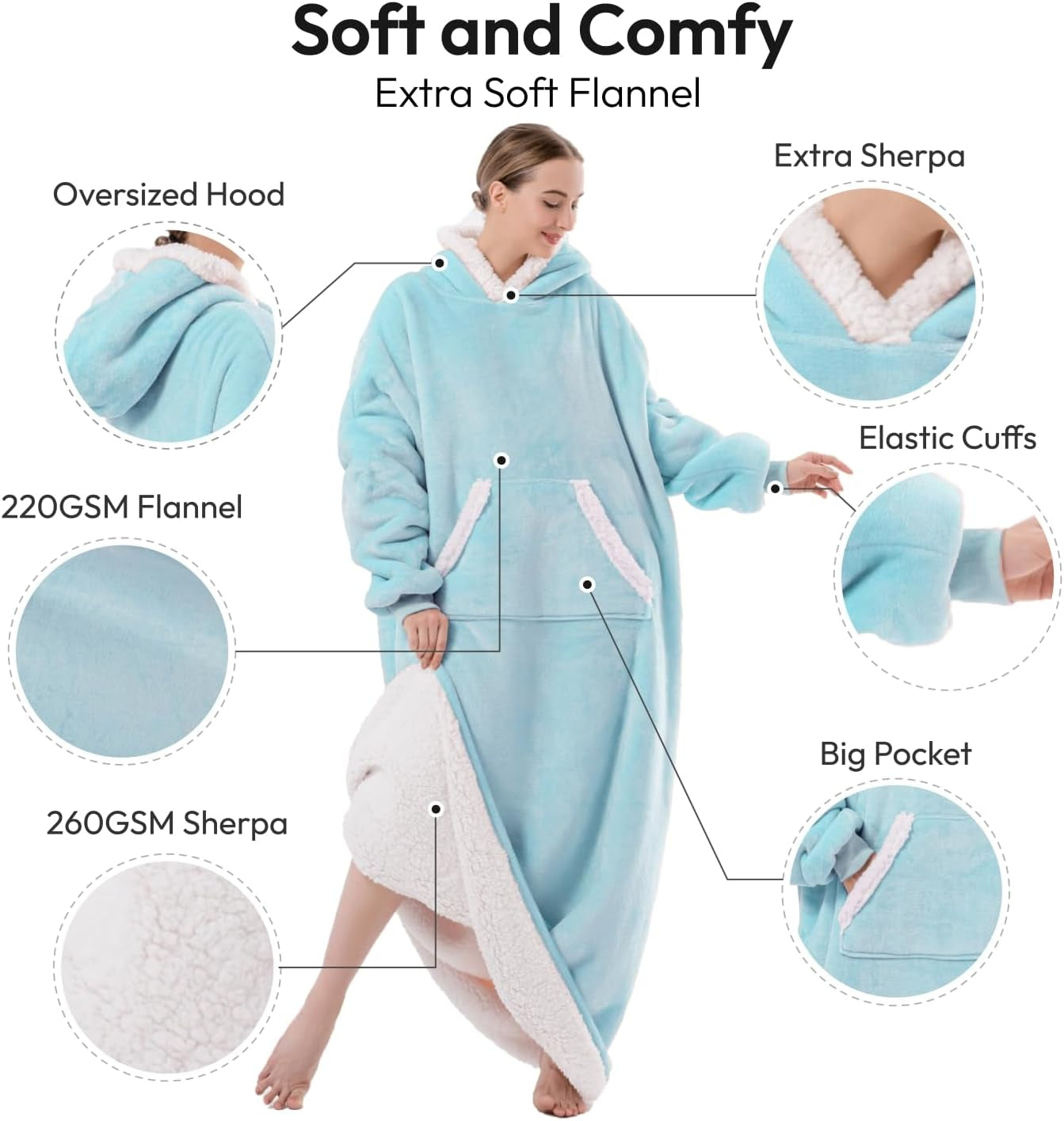 Wearable Blanket Hoodie for Women/Kids/Men, Oversized & Cozy Sherpa Lined Hoodie Sweatshirt Blanket(Baby Blue,Oversized)